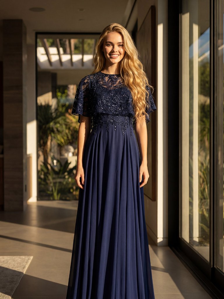 New Navy Blue Elegant A-Line Sequins Embellished Mother Of The Bride Gown Jtm21l